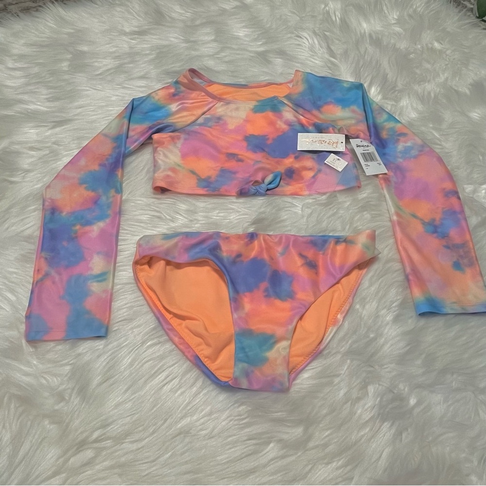 Raisins Girls Long Sleeve Rashguard 2 Piece Swim Set Crop Tye Dye UPF 50 Size 14